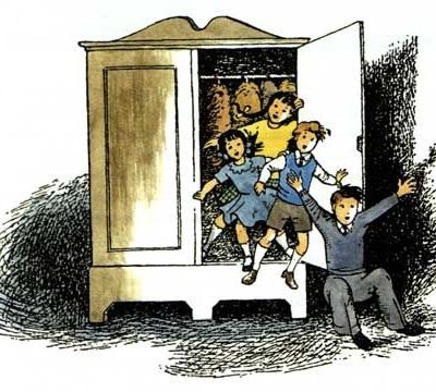 Drawing of two boys and two girls in 1940s clothing bursting out of a wardrobe, back into the room they had left.